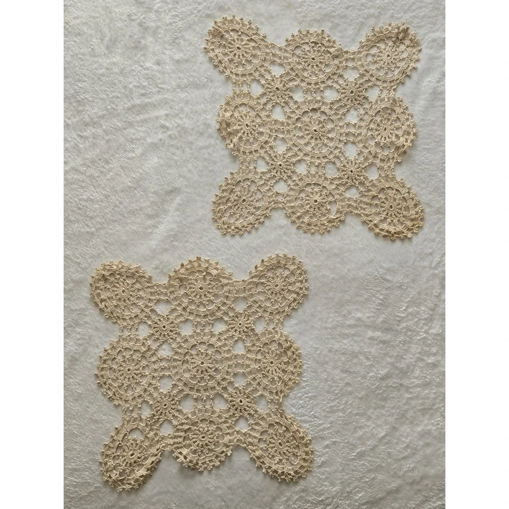 Vintage Hand Crocheted Lace Doily Mats Set of 2 Beige Cotton Square Table‎ Decor